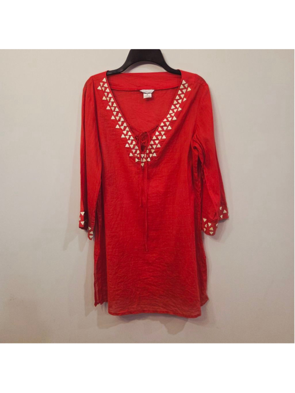 Trina Turk Tunic Coral Red with White Triangles size M 20" chest